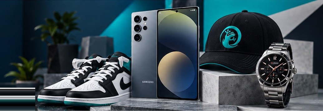 Samsung phone, sneakers, Salamander cap and watch